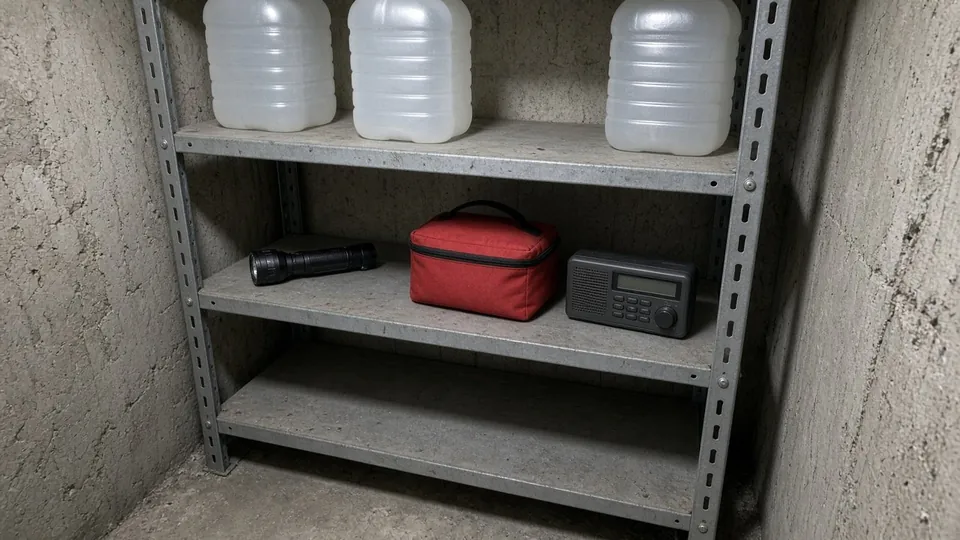 Example photo of a tornado emergency kit with water, flashlight and weather radio